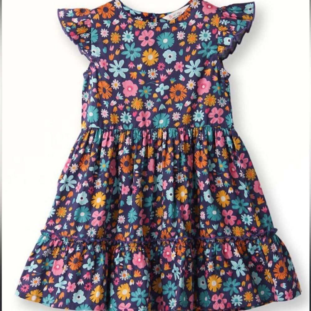 Beebay Girls Floral Print Flutter Sleeves & Flare Dress Made in India